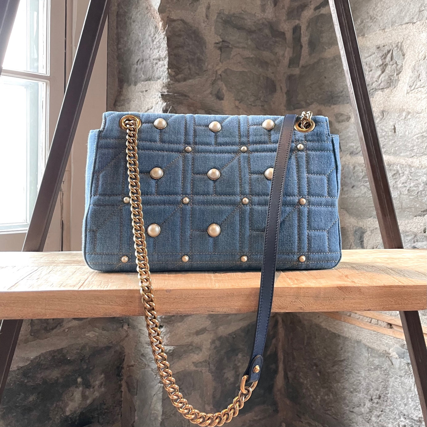 GUCCI Denim Matelasse Pearl Studded Mini GG Marmont Shoulder Bag Blue  453681 | FASHIONPHILE