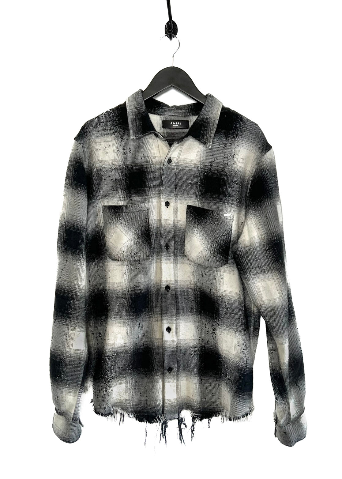 Amiri Black White Distressed Cotton Wool Shotgun Flannel Shirt