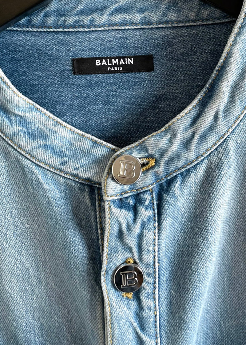 Balmain Mao Collar Buttoned Denim Shirt