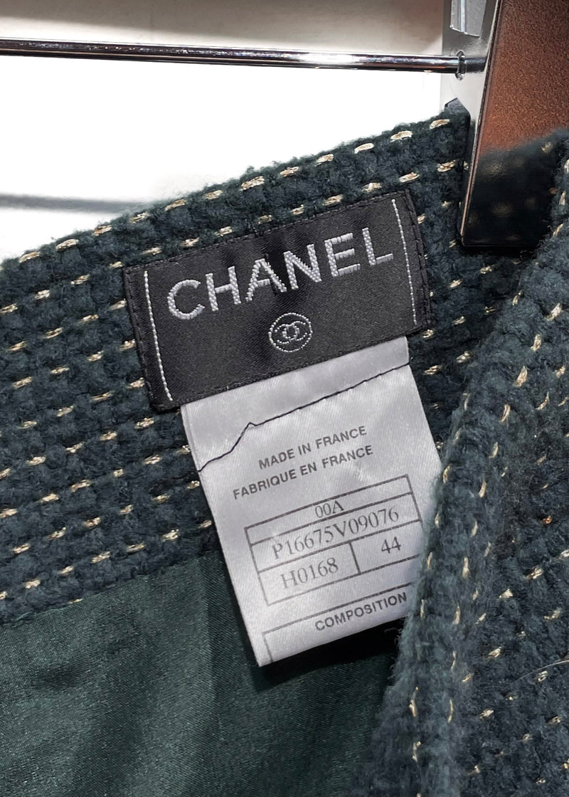 Jupe vintage en tweed laine verte et dorée Chanel 2000