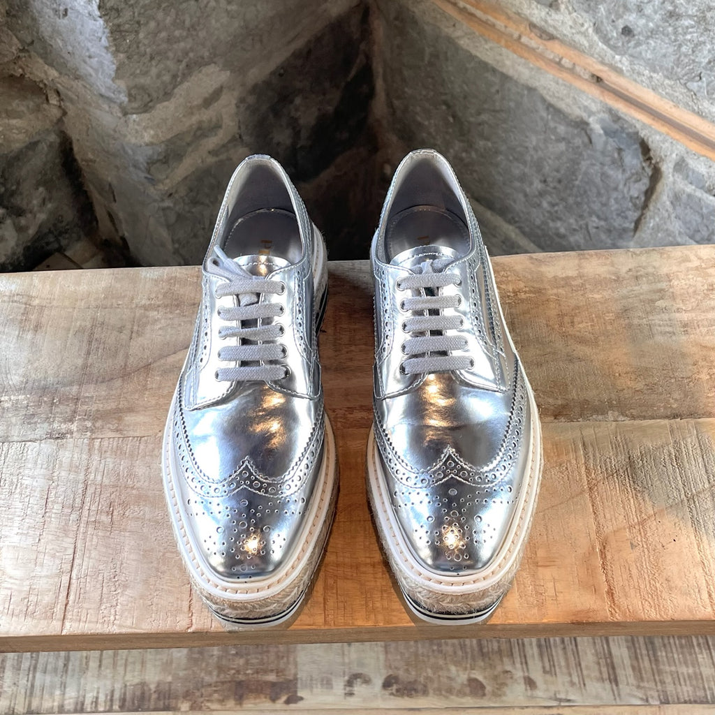 Prada Silver Metallic Platform Oxfords Shoes
