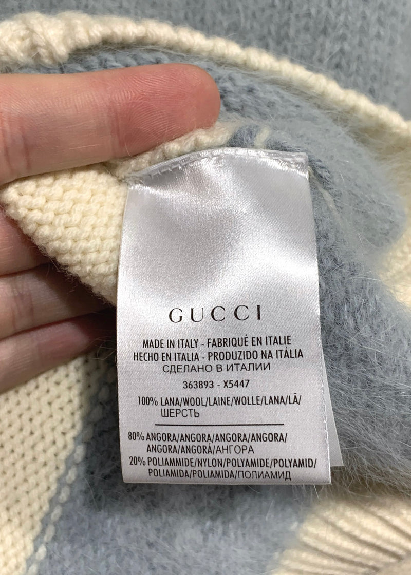 Pull en laine ivoire et rayures bleues mélange d'angora Gucci