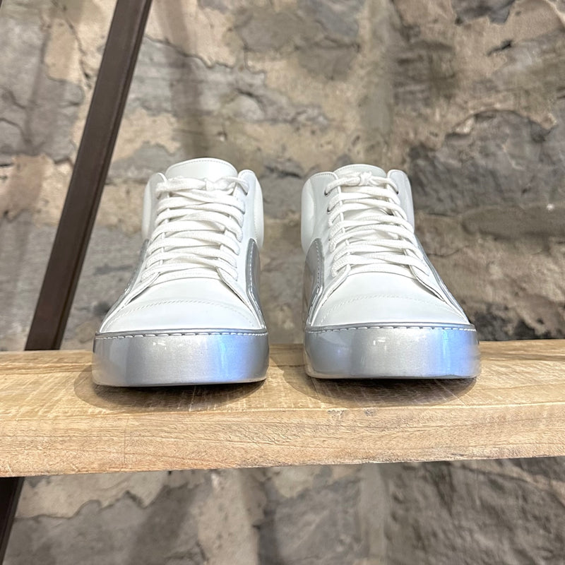 Chanel White Silver Chrome CC Mid-Top Sneakers