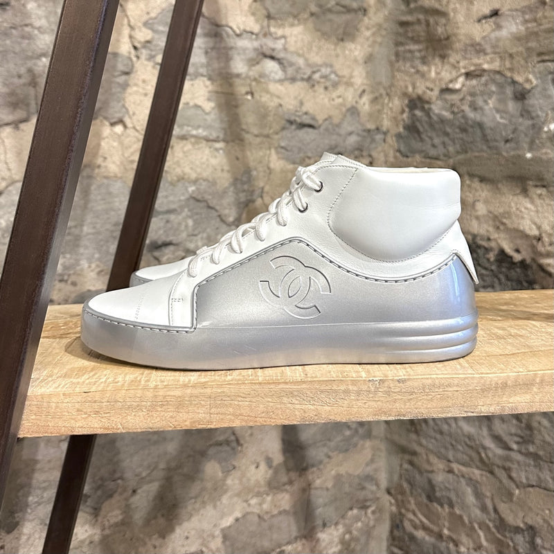 Chanel White Silver Chrome CC Mid-Top Sneakers