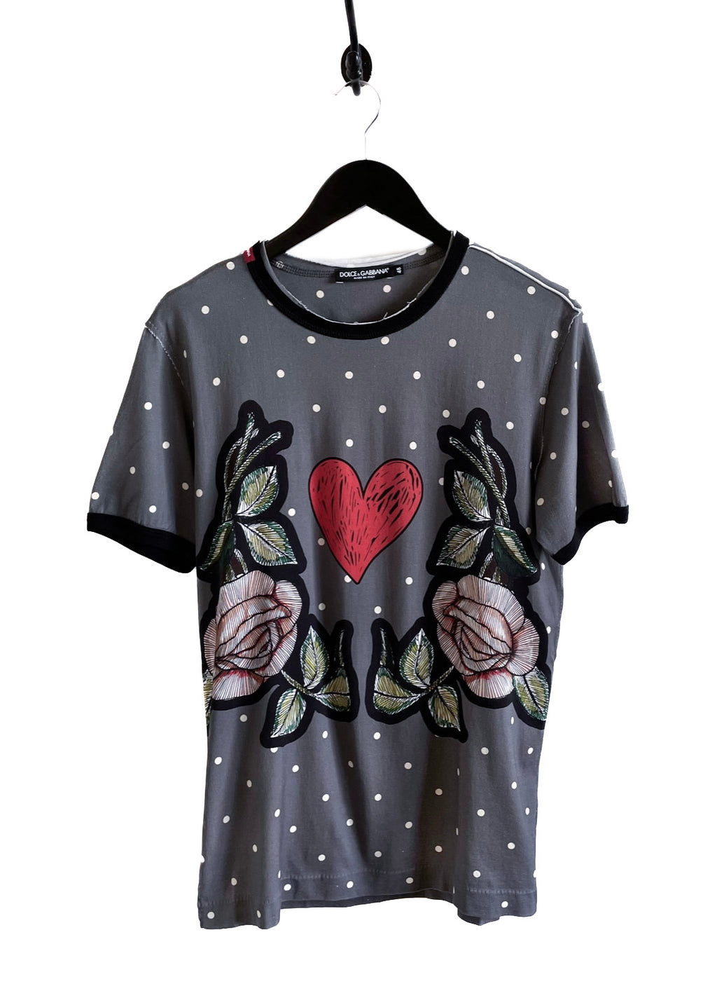 T-shirt gris à pois avec imprimés de coeurs et roses Dolce & Gabbana