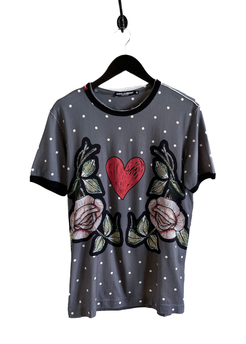 Dolce & Gabbana Grey Polka Dot Heart Roses Print T-shirt