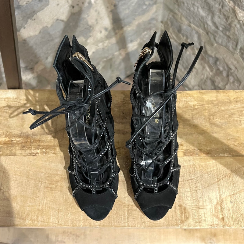 Sergio Rossi Black Suede Crystal Embellished Caged Heeled Sandals