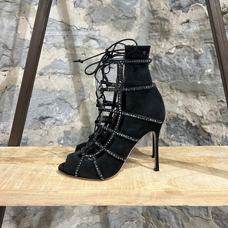 Sergio Rossi Black Suede Crystal Embellished Caged Heeled Sandals