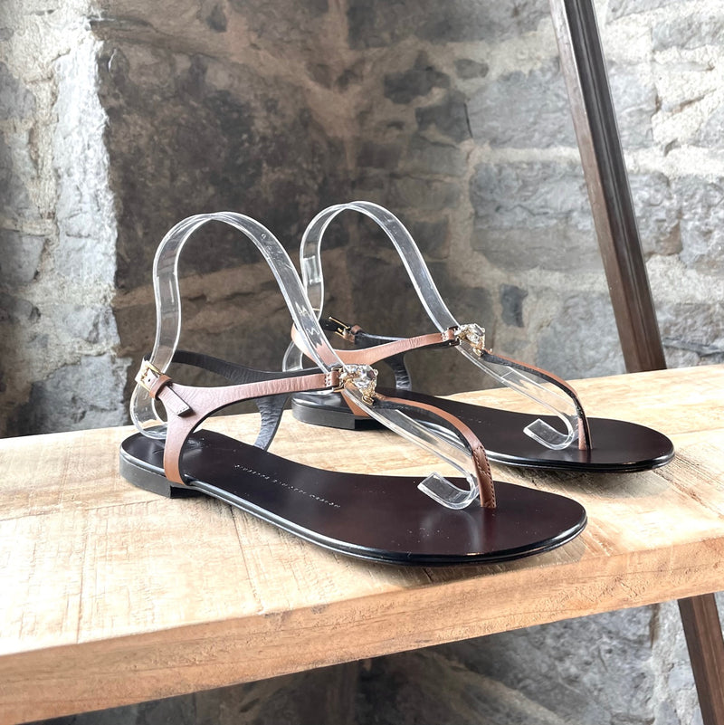 Giuseppe Zanotti Brown T-strap Crystal Embellished Sandals