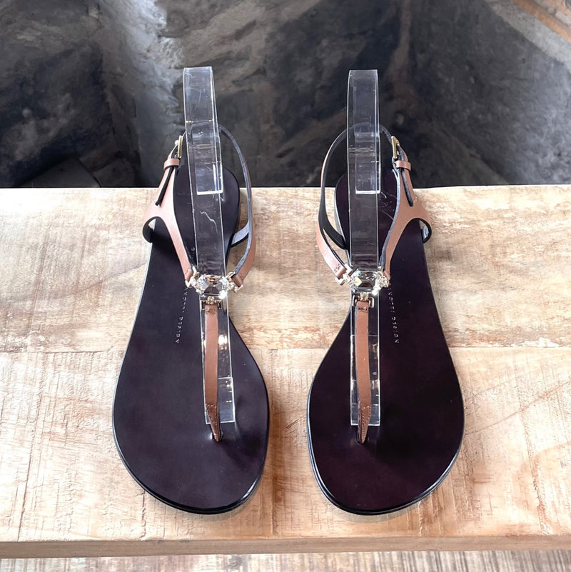 Giuseppe Zanotti Brown T-strap Crystal Embellished Sandals