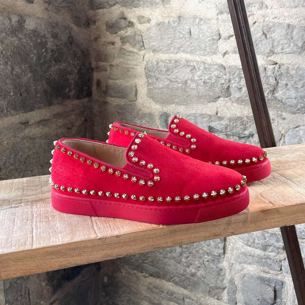 Christian Louboutin Red Suede Pik Boat Spike Slip On Sneakers
