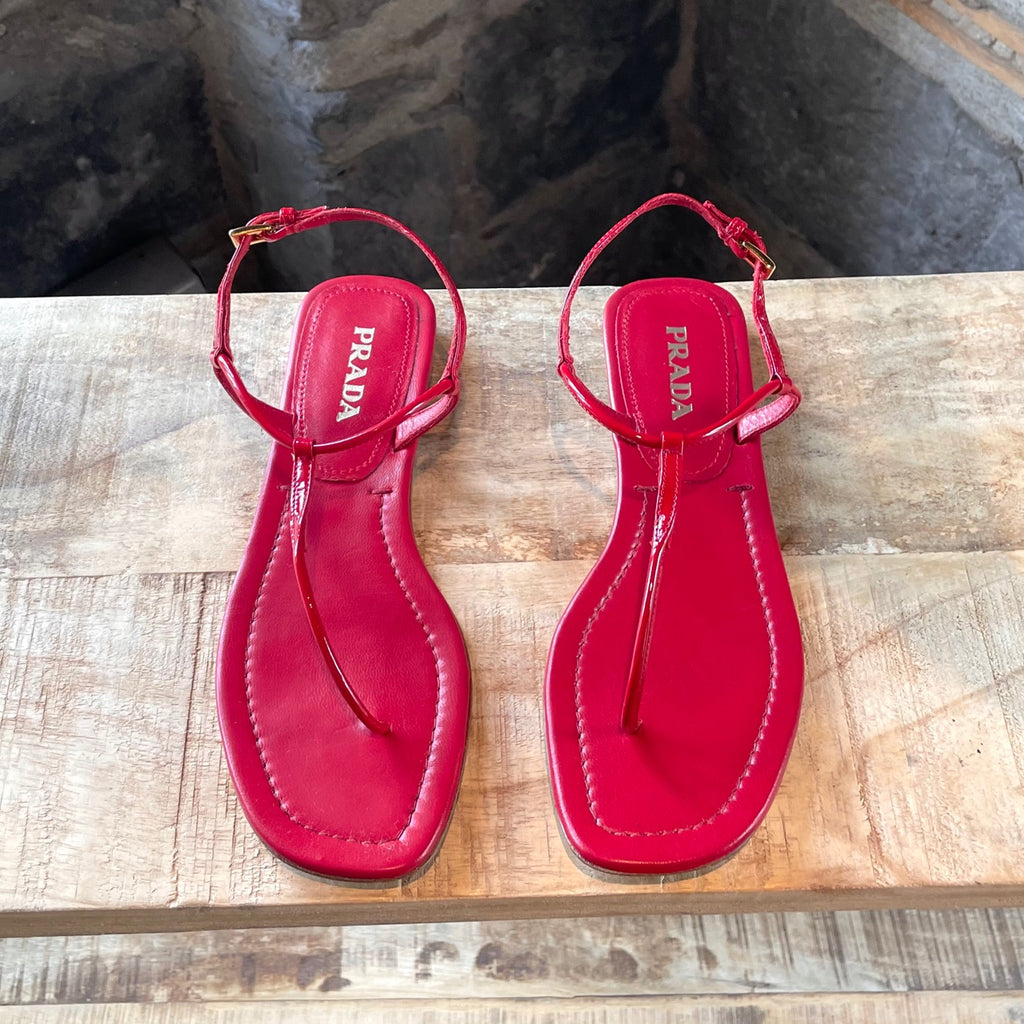 Prada Red Patent Leather T-strap Sandals