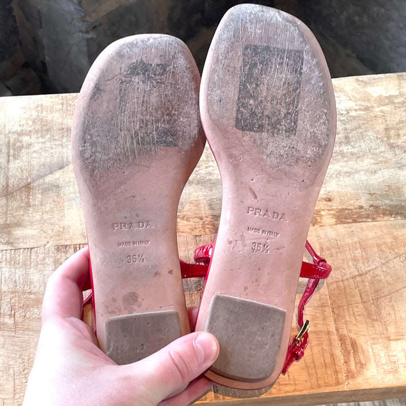 Prada Red Patent Leather T-strap Sandals