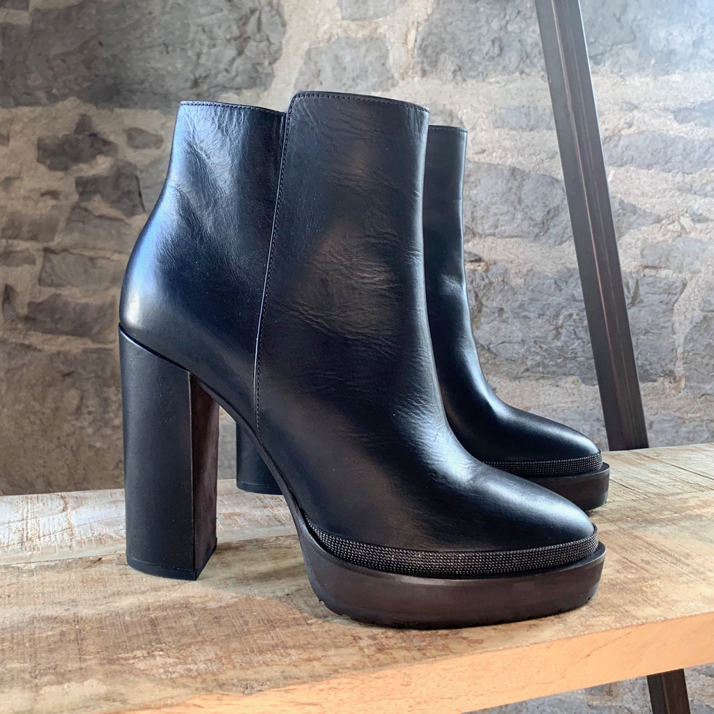 Brunello Cucinelli Black Leather Heeled Monili Trim Boots