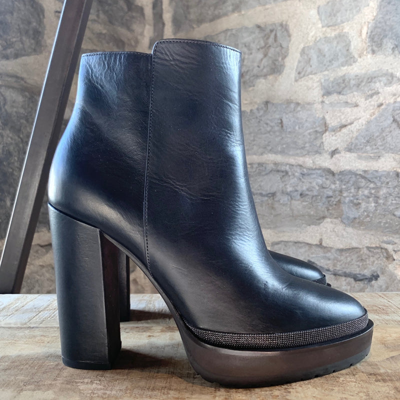 Brunello Cucinelli Black Leather Heeled Monili Trim Boots