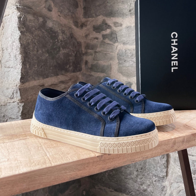Chanel Navy Velvet Lace-up Low-top Sneakers