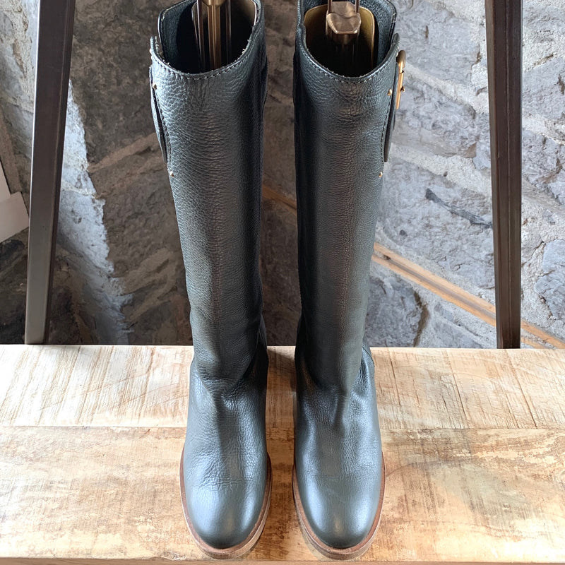 Chloé Green Riding Boots with Brushed Gold Hardware
