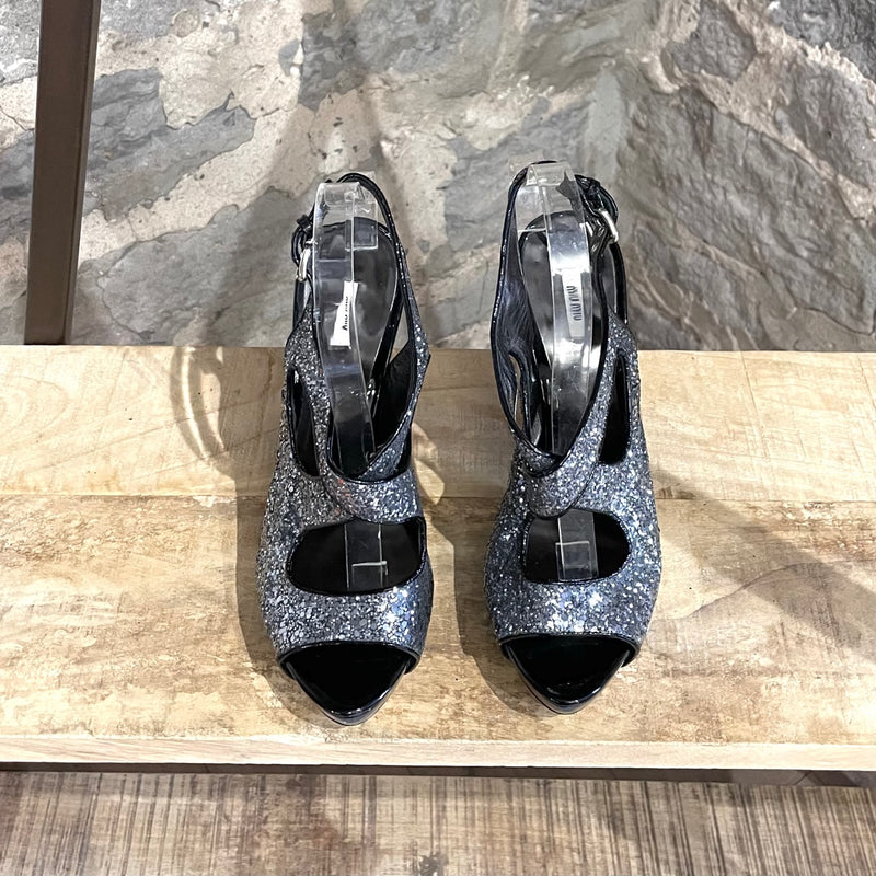 Miu Miu Silver Glitter Platform Sandals