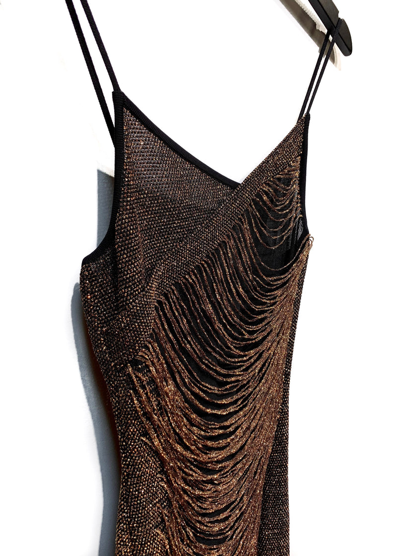 Balmain Copper Metallic Thread Fringed Mini Dress