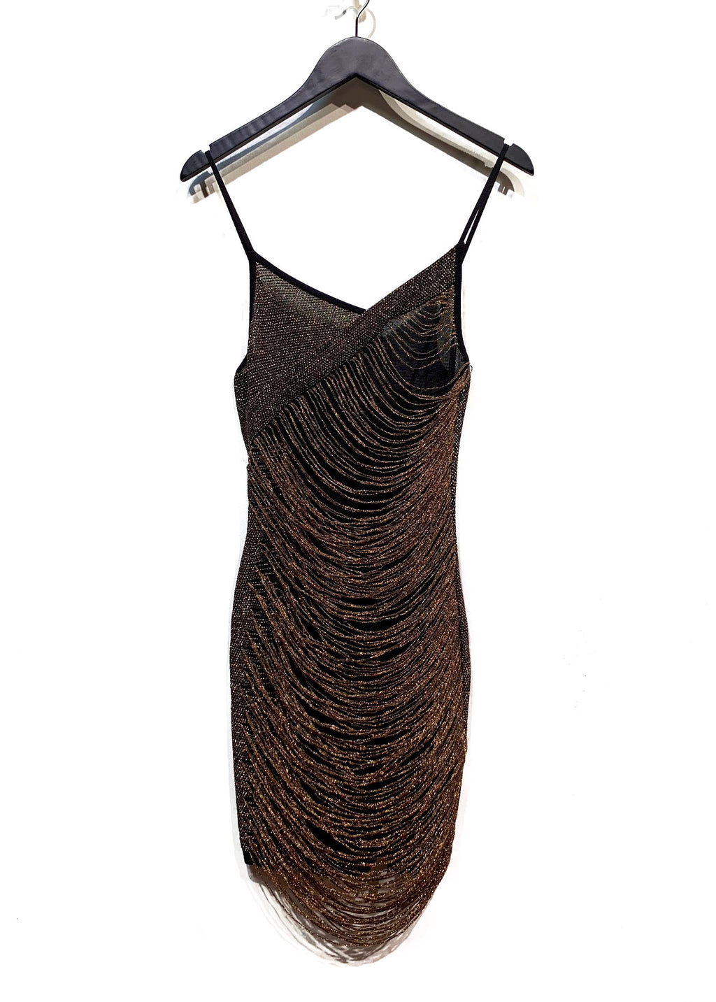 Balmain Copper Metallic Thread Fringed Mini Dress