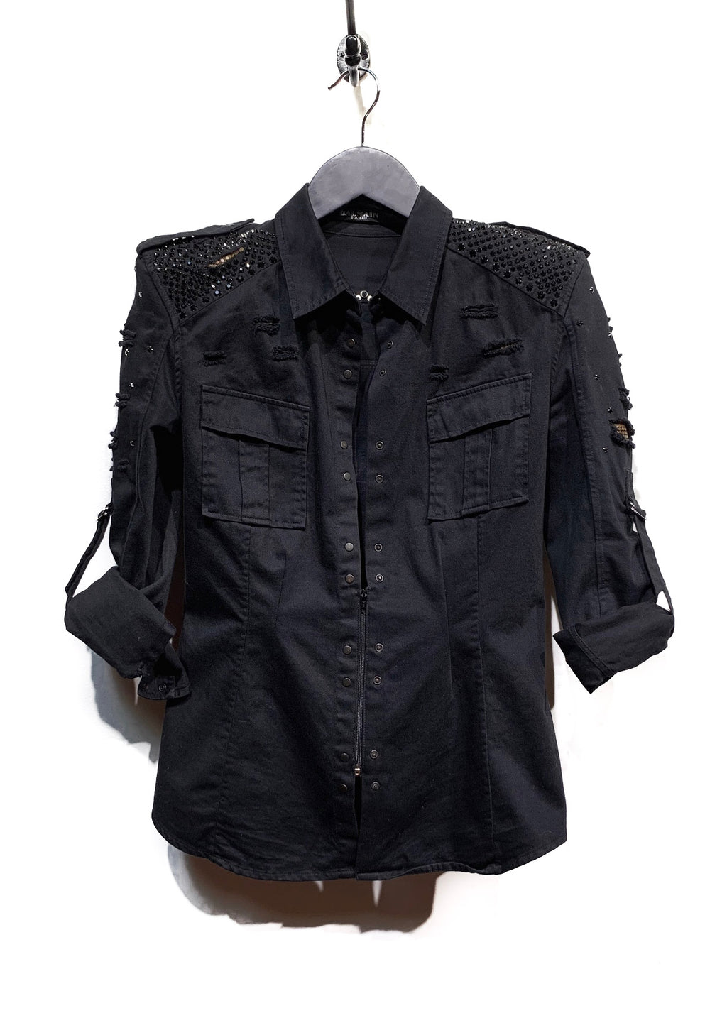 Balmain Black Embellished Destroyed Denim Shirt