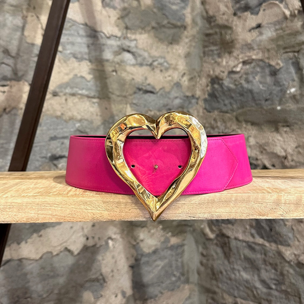 Christian Lacroix Vintage Pink Leather Large Gold Heart Buckle Belt