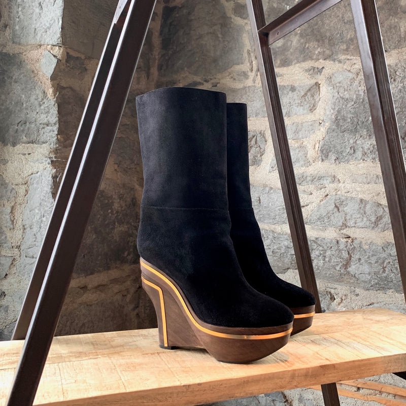 Marni Black Suede Wooden Wedge Sole Boots