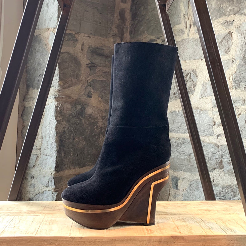 Marni Black Suede Wooden Wedge Sole Boots