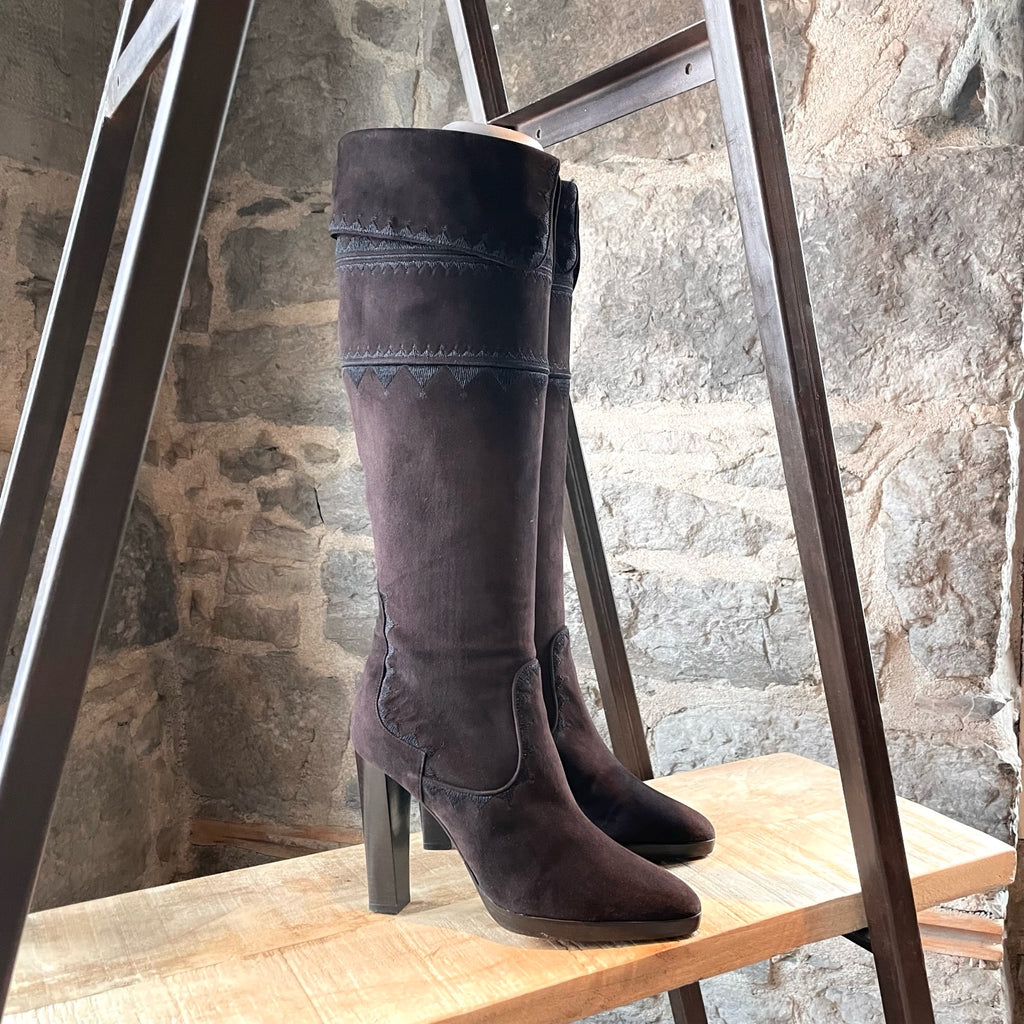 Hermès Brown Suede Embroidered Knee-high Heeled Boots