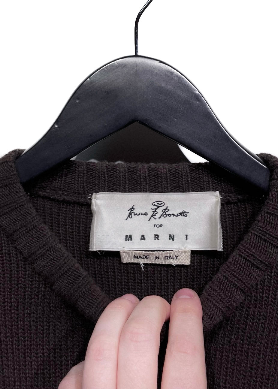 Marni X Bruno Bozzetto Brown Wool Colorblock Embroidered Sweater