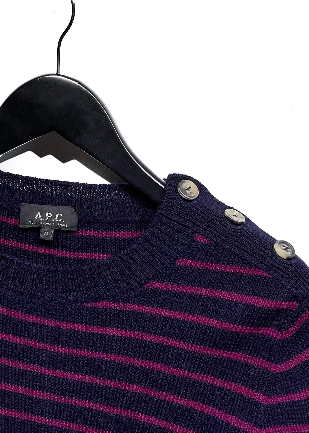 A.P.C. Navy Blue Fuschia Striped Wool Sweater