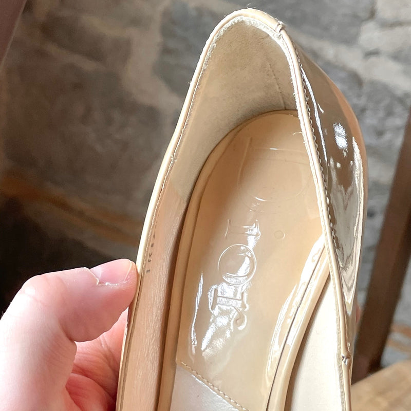 Dior Vintage Beige Patent Platform Peep Toe Heels
