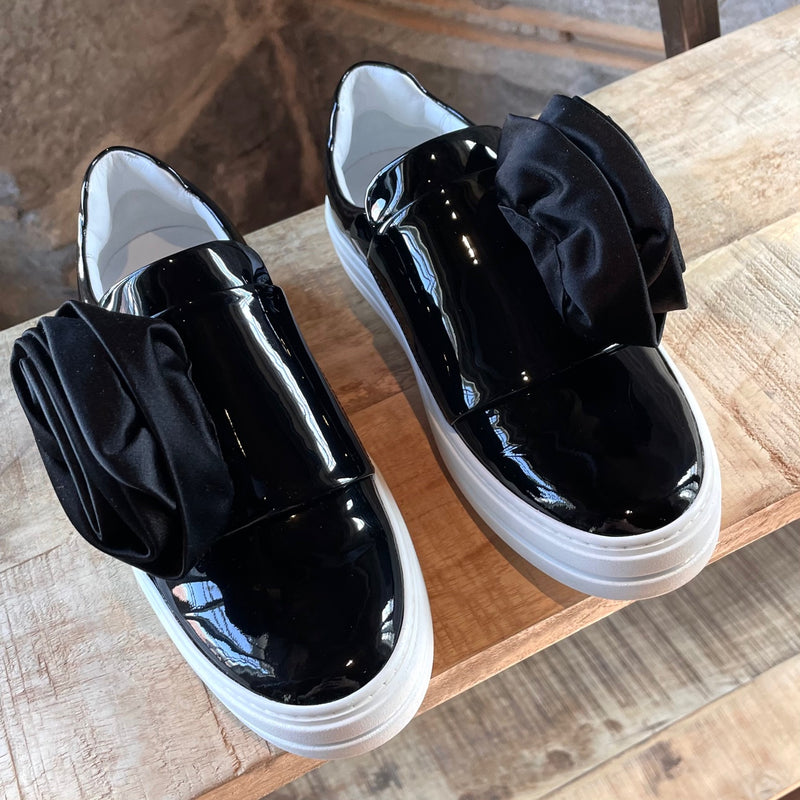 Roger Vivier Black Patent Leather & Satin Flower Sneakers