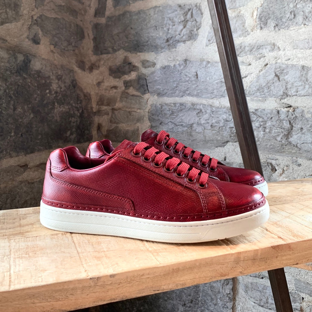 Prada Saffiano Red Leather Low-Top Sneakers
