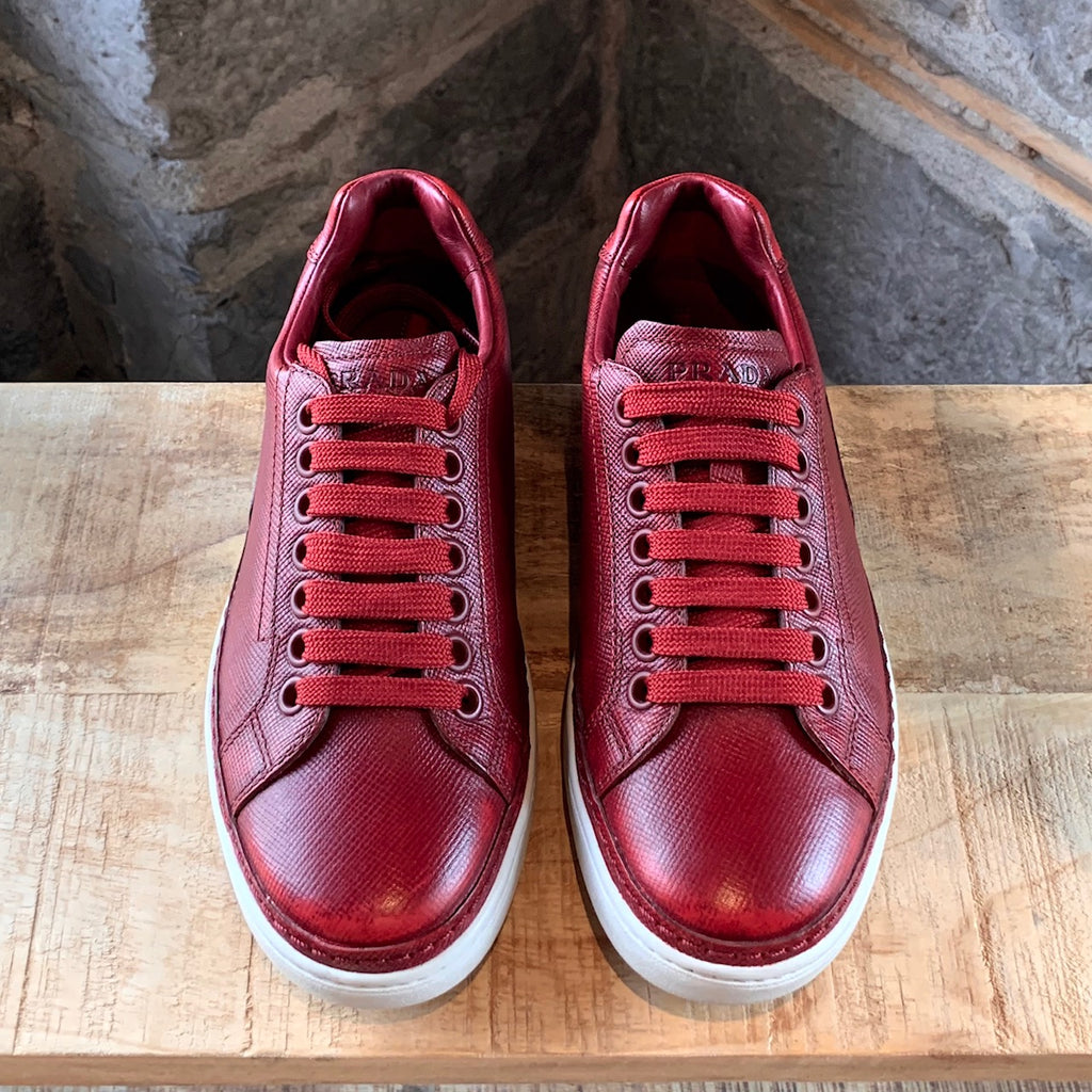 Prada Saffiano Red Leather Low-Top Sneakers