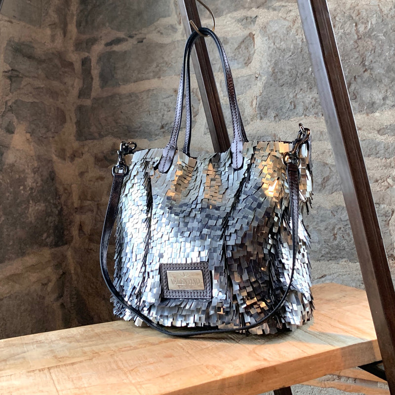 Valentino Silver Glitter Crystal Embellished Mirrored Tote