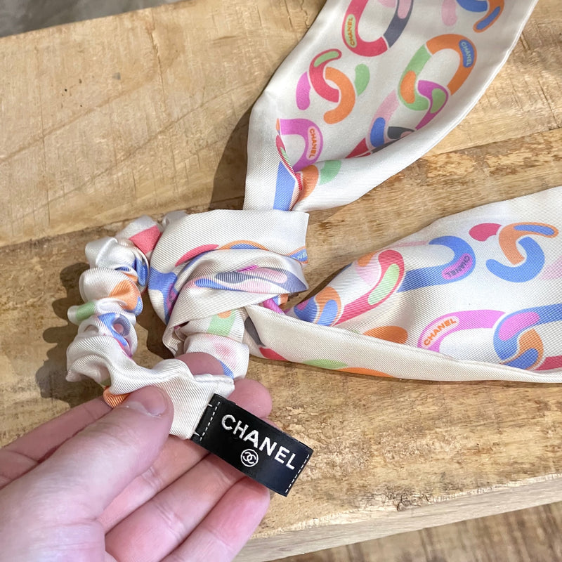 Chanel Ivory CC Print Silk Scrunchy Hair Accessory