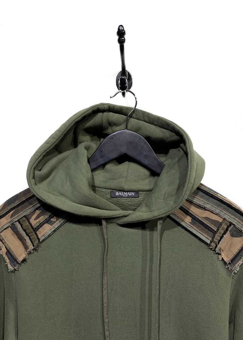 Balmain Khaki Hoodie with Army Print Shoulder Patches