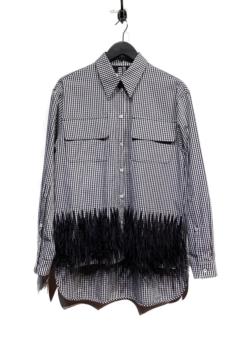 No.21 Black & White Gingham Blouse with Ostrich Feathers Detailing