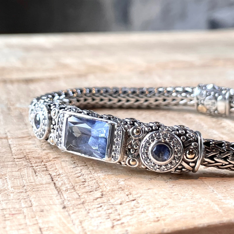 Bracelet en argent 18K John Hardy Batu Sari avec topaze bleue et pavé de diamants