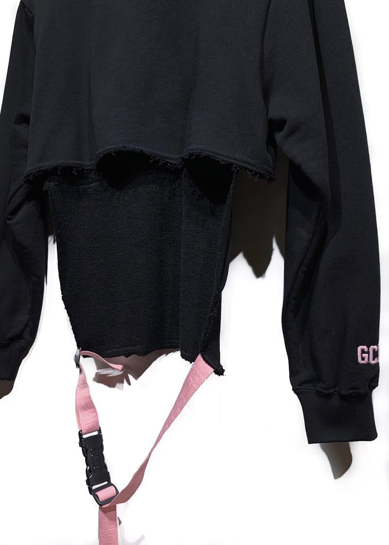 GCDS Black Pink Belted Embroidered Half Hoodie