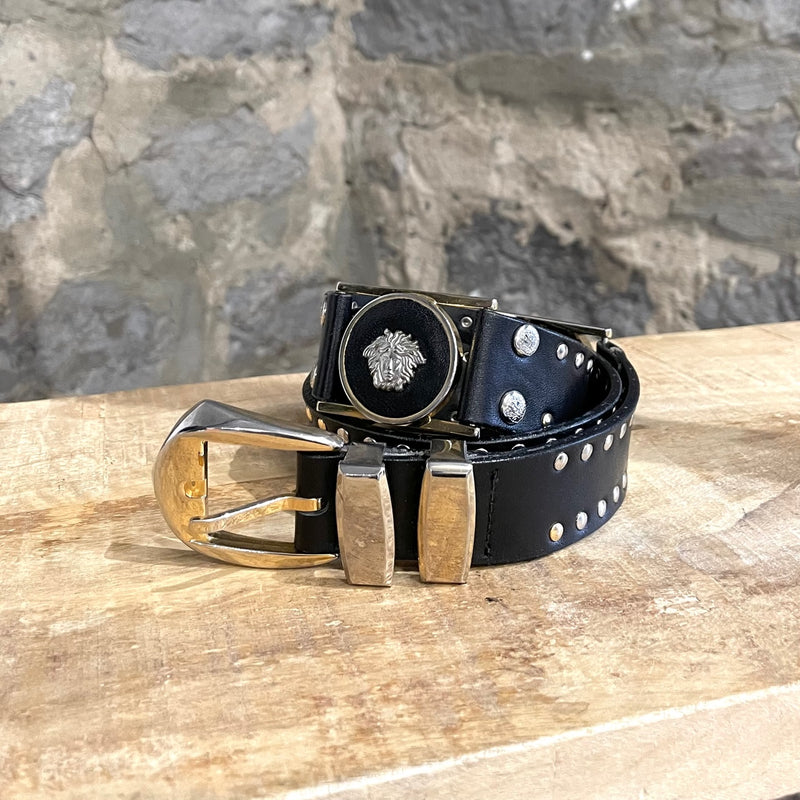 Gianni Versace Vintage Black Leather Medusa Station Studded Belt