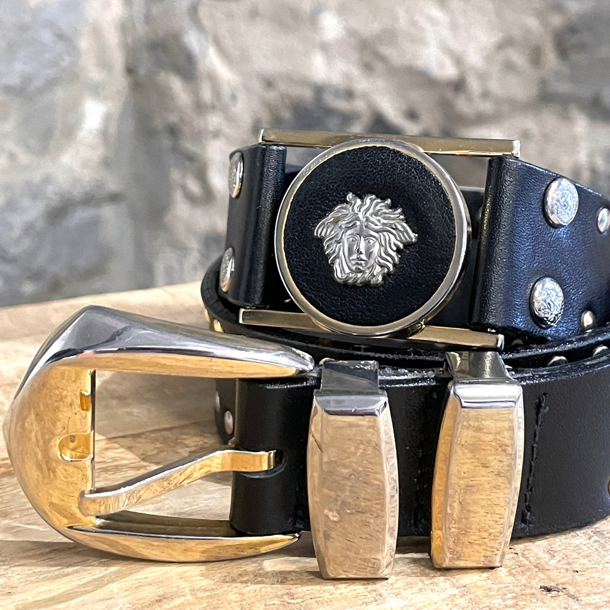 Gianni Versace Vintage Black Leather Medusa Station Studded Belt