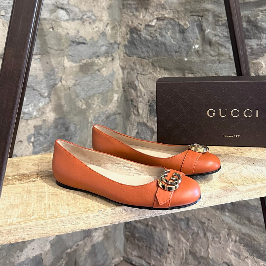 Gucci Orange Brick Leather GG Running Ballet Flats