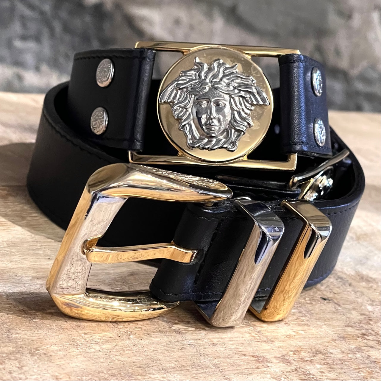 Gianni Versace Vintage Black Leather Medusa Station Belt