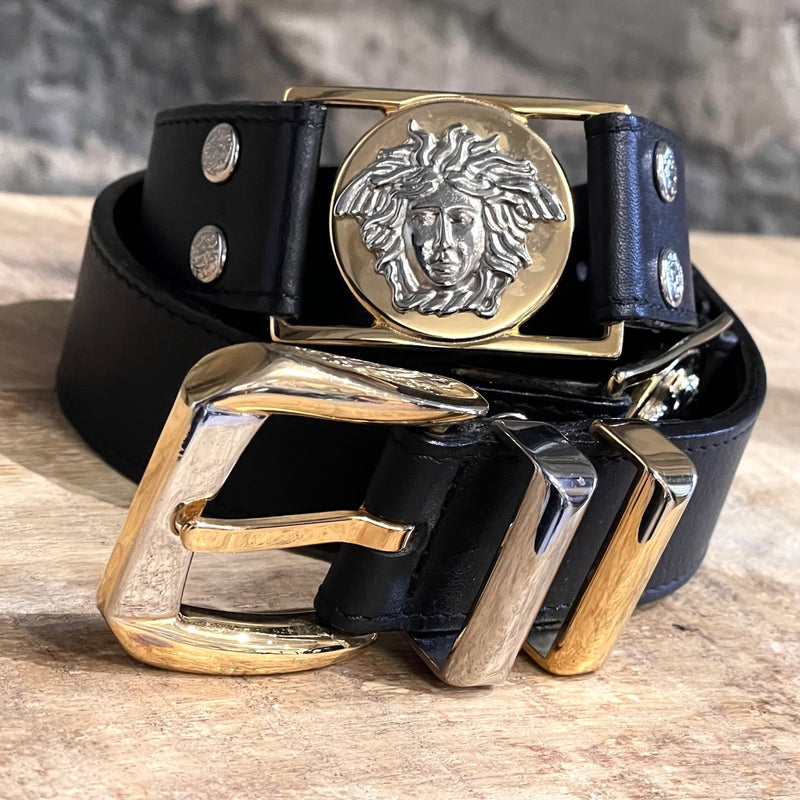 Gianni Versace Vintage Black Leather Medusa Station Belt
