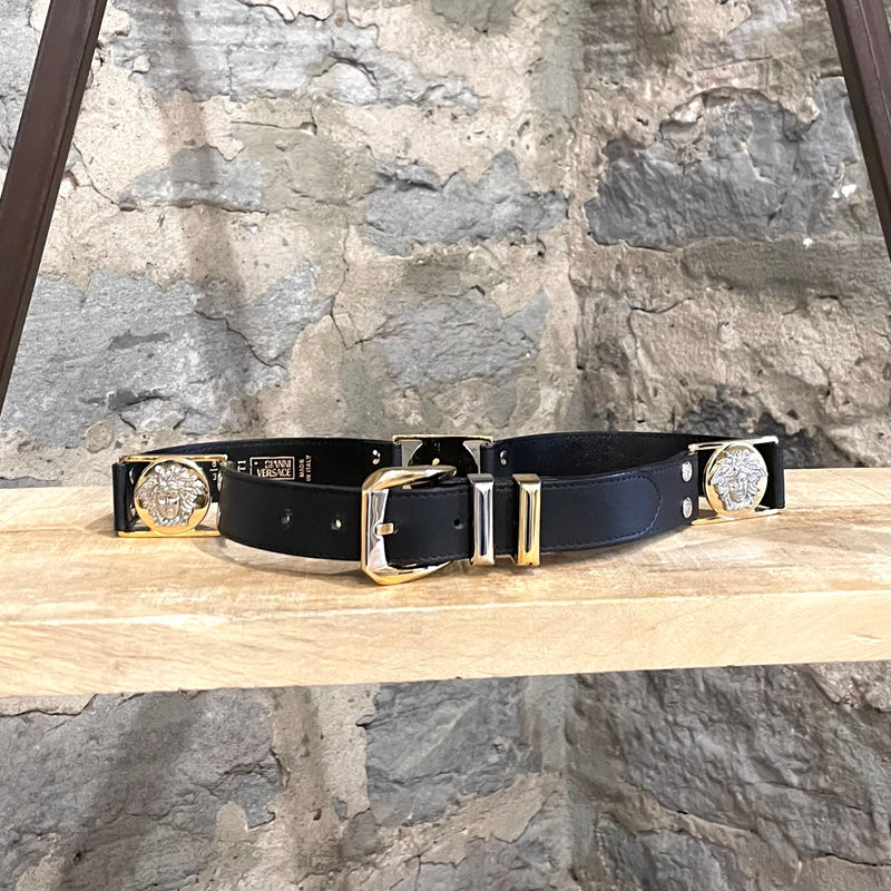 Gianni Versace Vintage Black Leather Medusa Station Belt