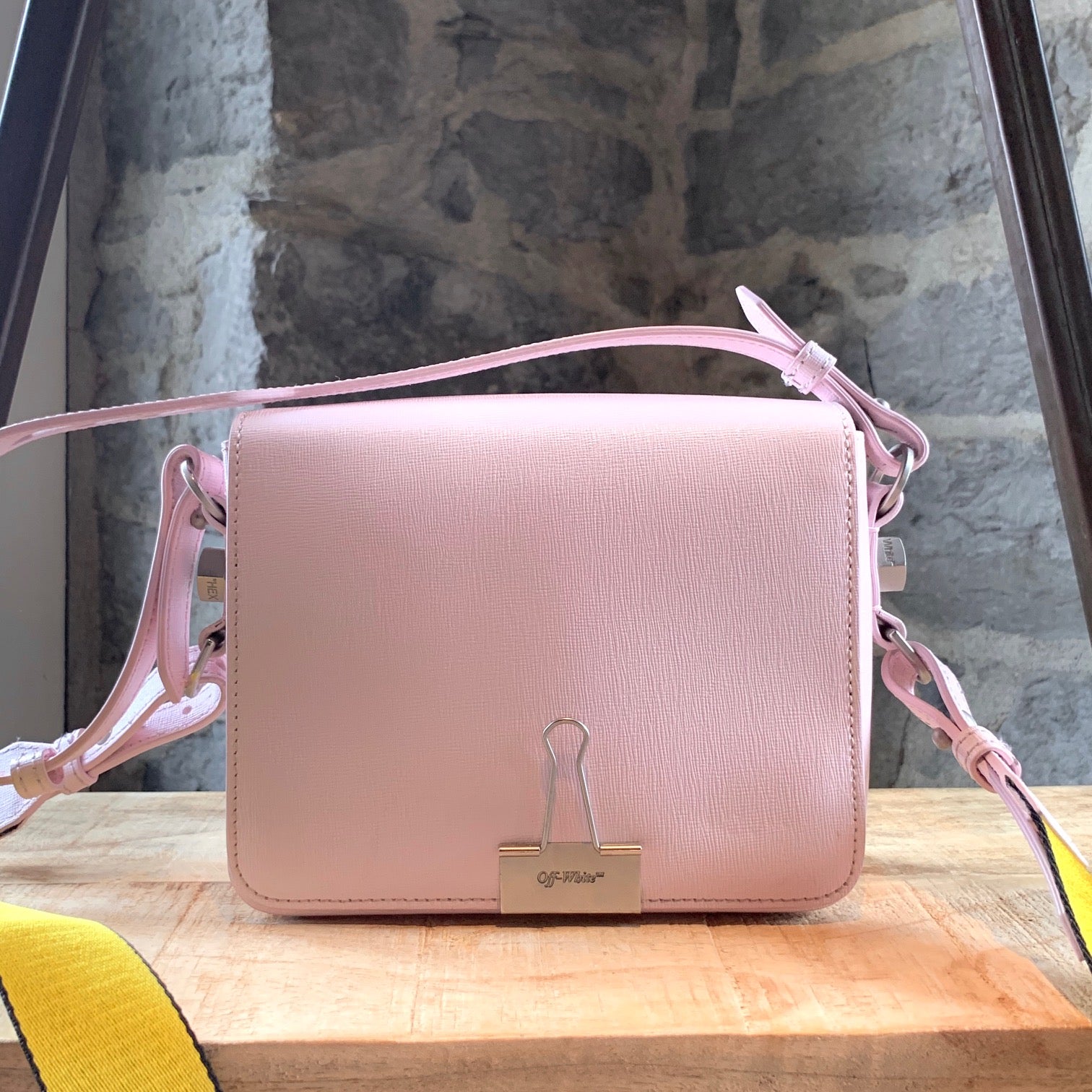 Off-White Pink Binder clip mini leather shoulder bag ($750