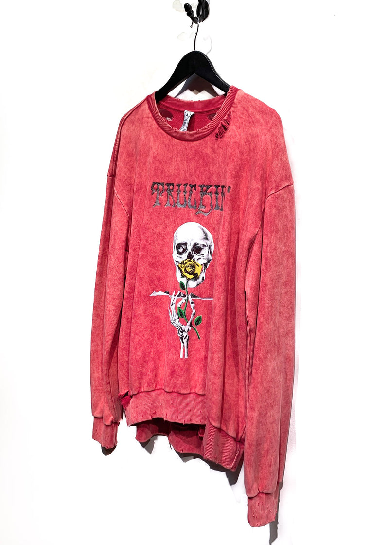Alchemist Hold Fast 2018 Pink "Truckin" Embroidered Skull Print Destroyed Sweatshirt