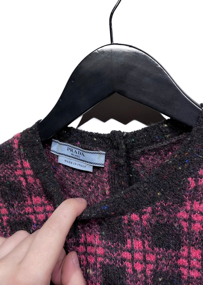 Prada Pink And Black Plaid Wool-Blend Sweater